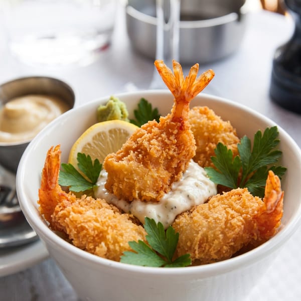 Crispy fried shrimp with tartar sauce, lemon, wasabi, and parsley in a white bowl.